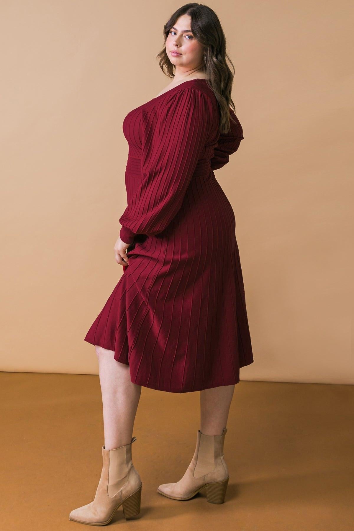 Keep Looking Up Sweater Midi Dress With U Neck And Self Sash Tie
