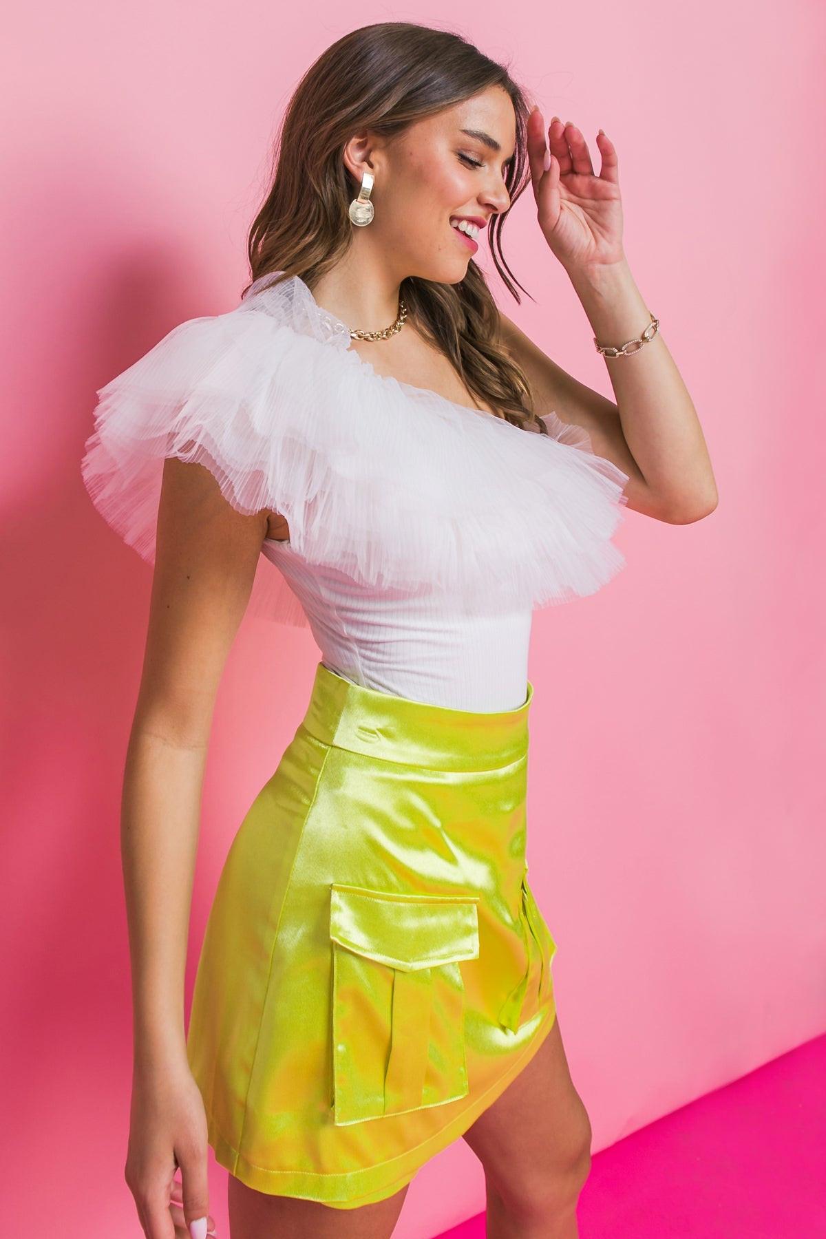 Champagne Dreams Knit Bodysuit One Shoulder Tulle Ruffles Cotton