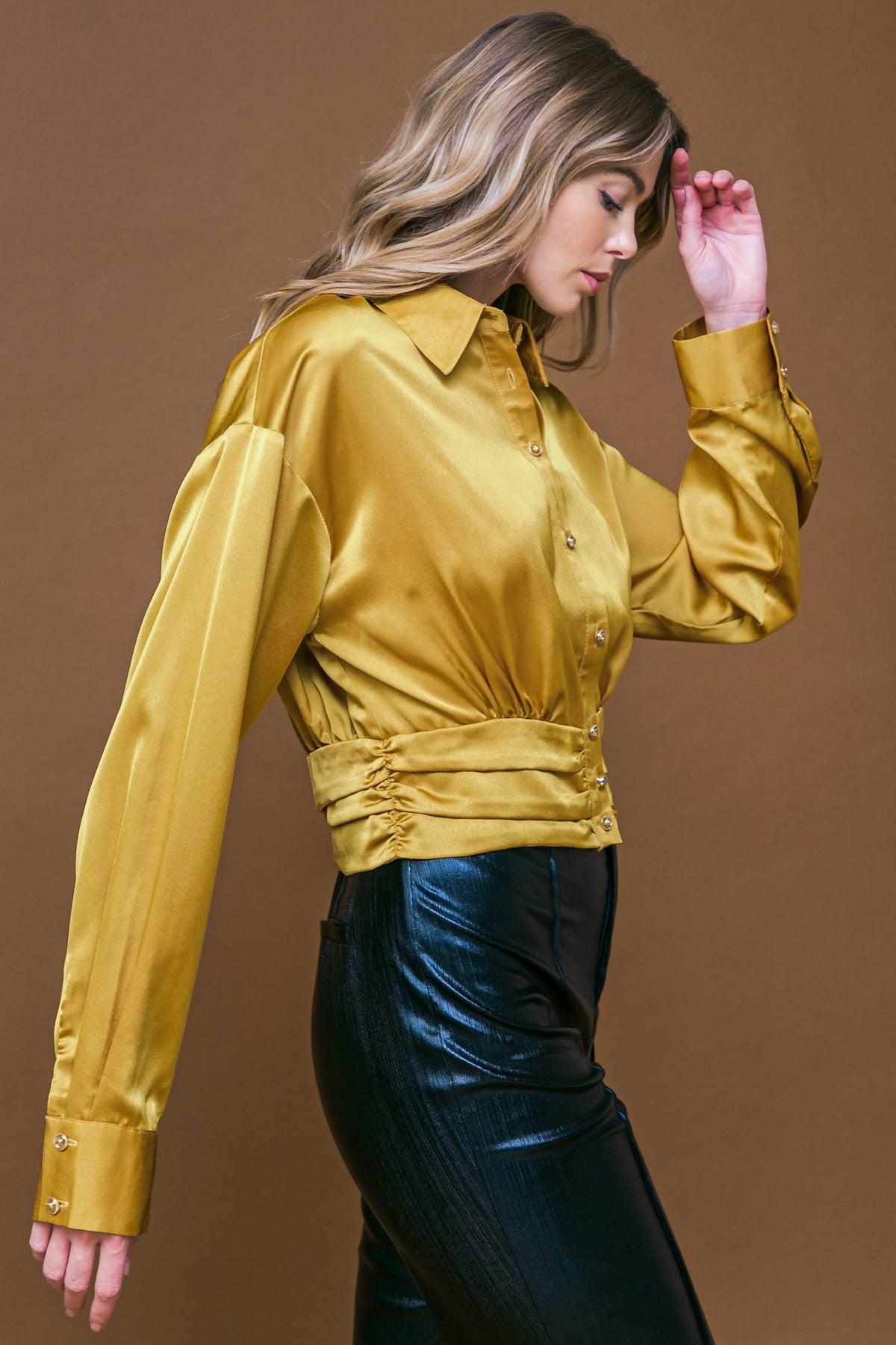Romantic Moves Woven Top With Shirred Waistband Button Down Shirt Collar