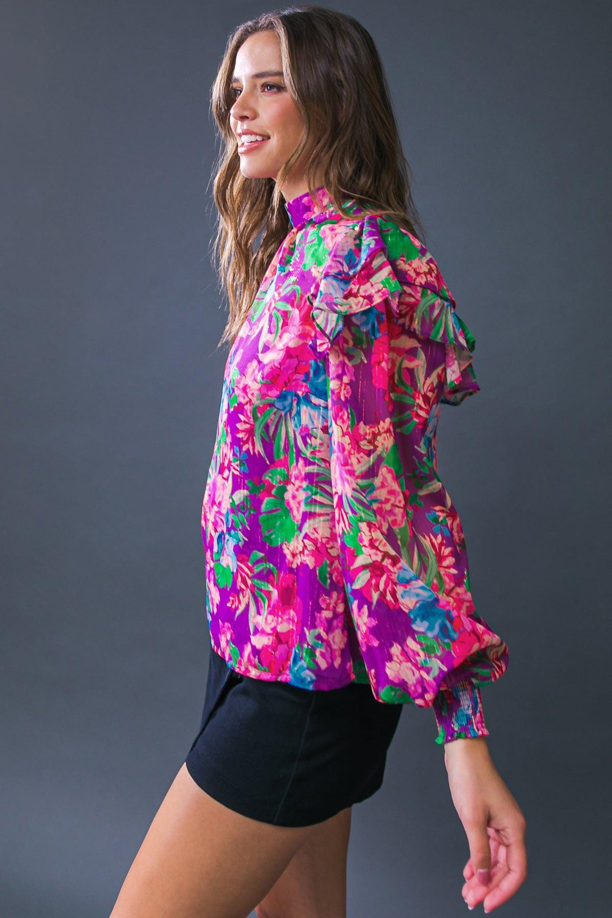 Makes Me Happy Woven Top Long Sleeve High Neck With Smocked Cuffs