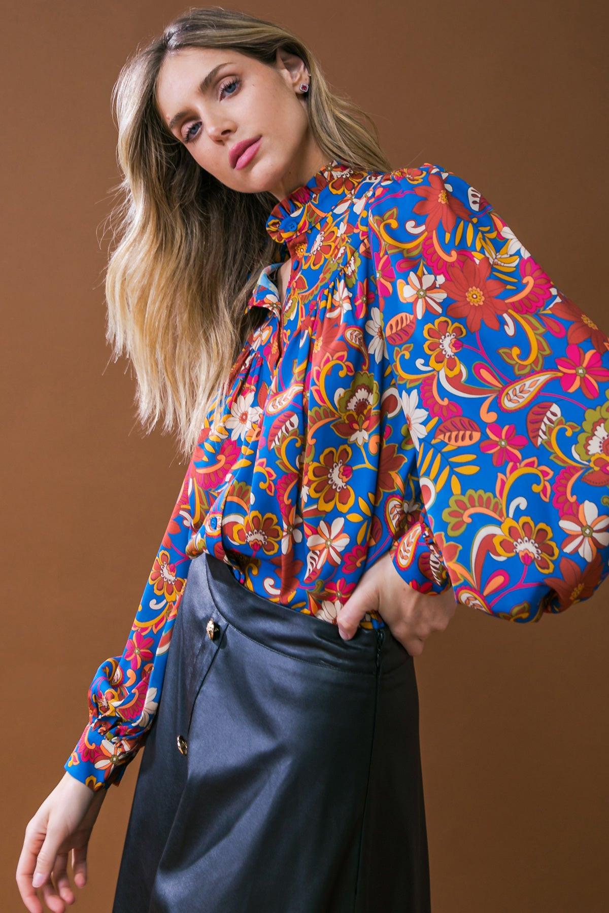 Impressive Blossom Woven Top With Ruffled Neckline And Floral Print