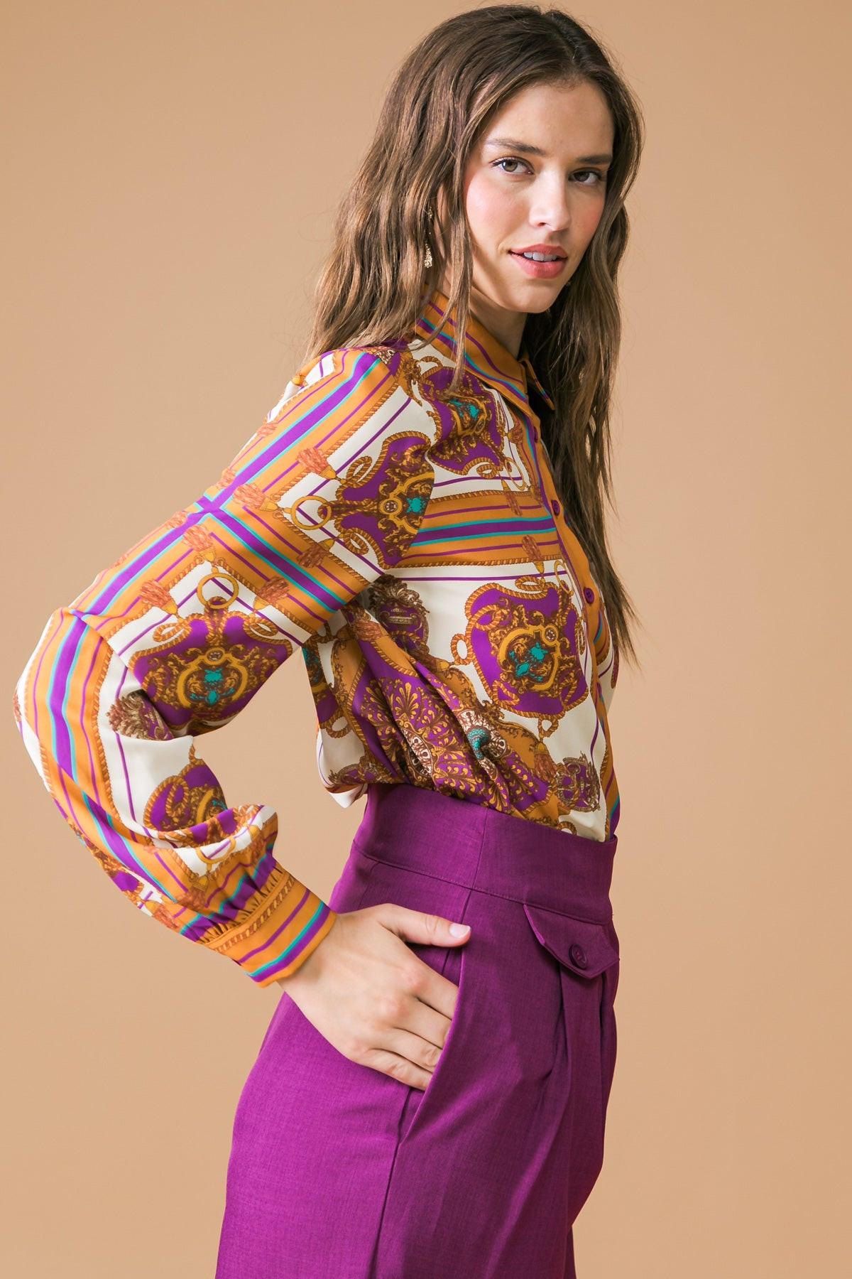 Make Today Great Printed Woven Top With Front Tie And Ruffled Neckline