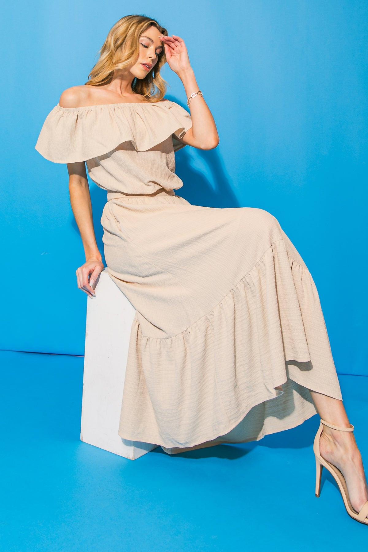Lovely Mood Woven Textured Off Shoulder Top With Flounce And Elastic Waist