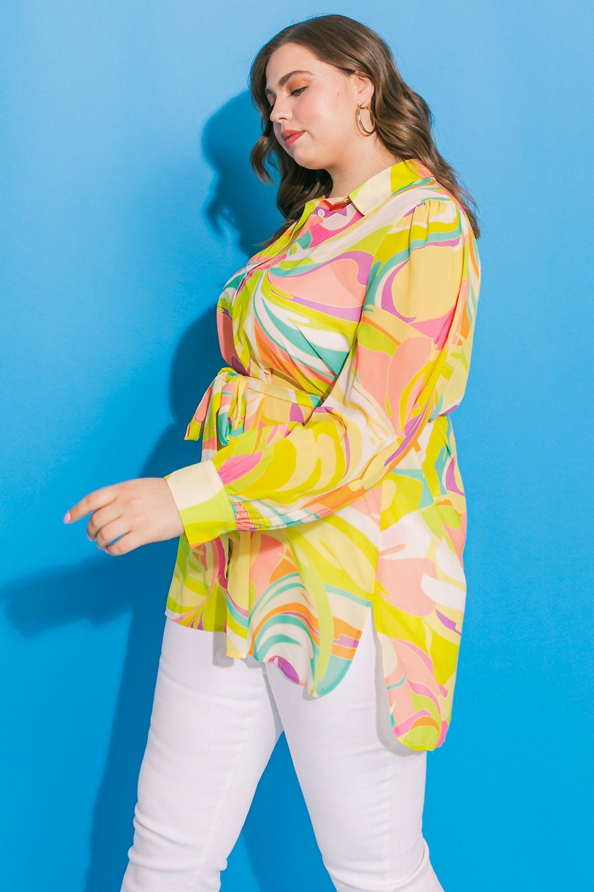 Magic Island Printed Woven Top With Shirt Collar And Button Down Front