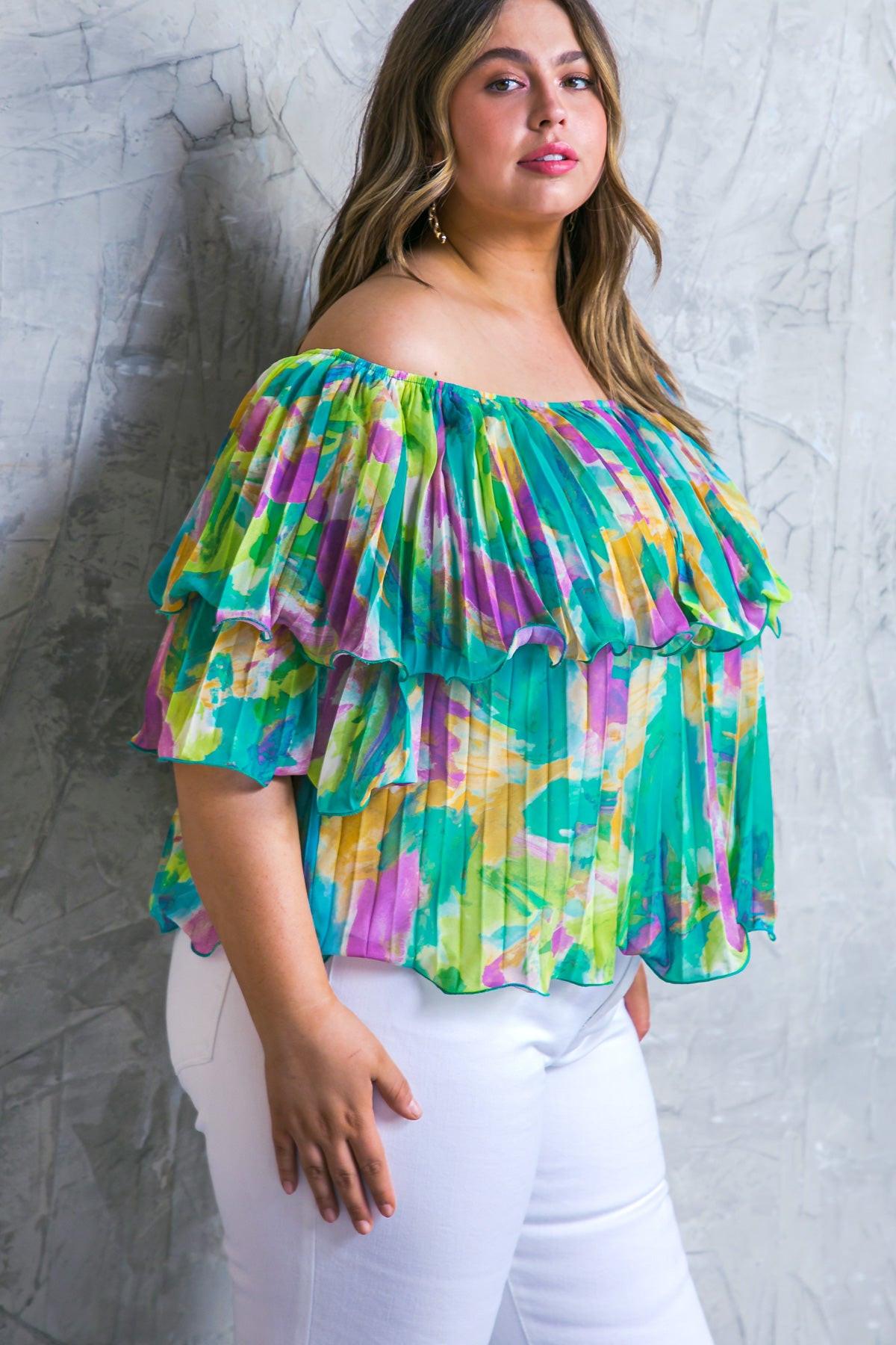 Magnolia Santa Caterina Woven Top Off Shoulder Flounce Pleated Bodice