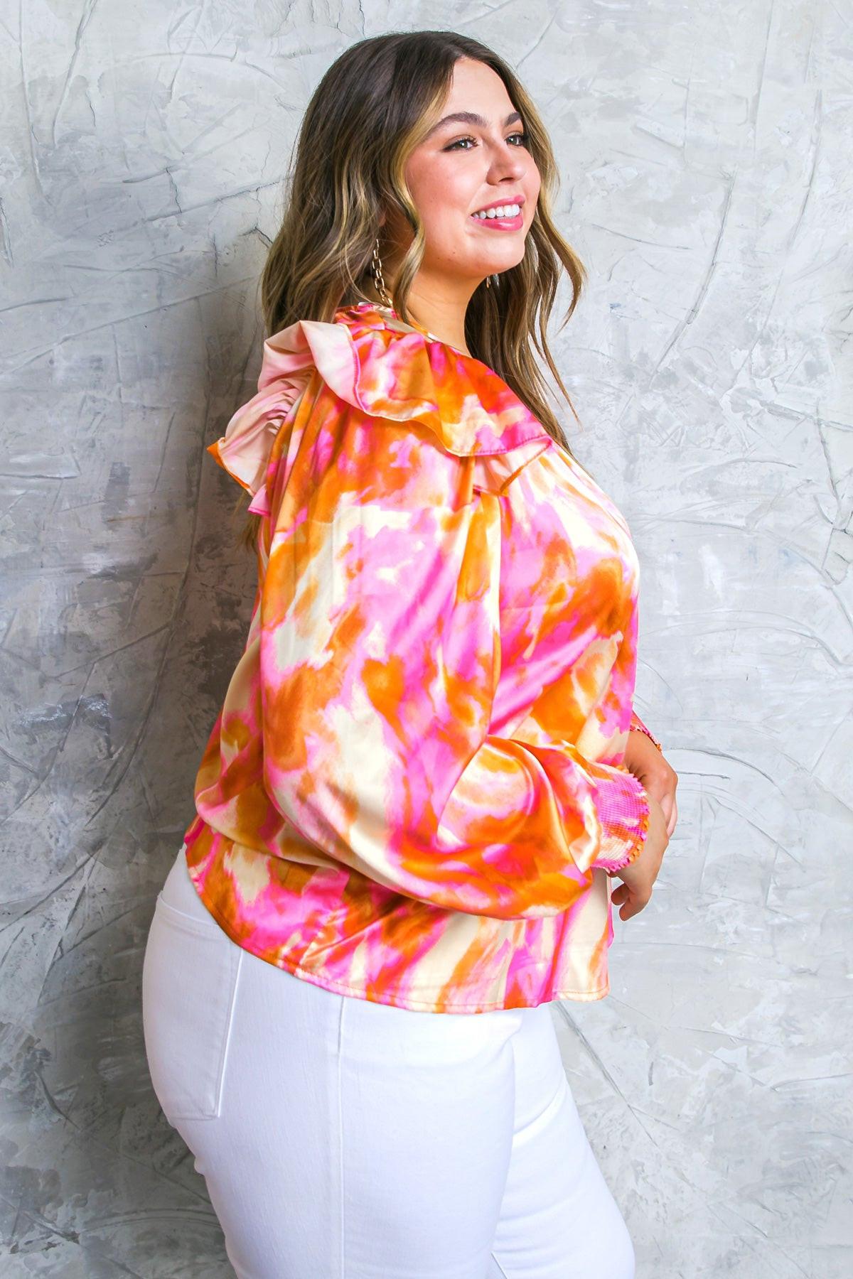 Feeling Spice Woven Top With Round Neckline And Ruffle Shoulder Detail