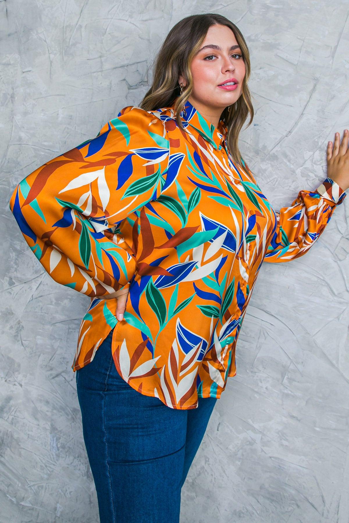 Feels Like Fall Woven Top Printed Button Down Collar Long Sleeves