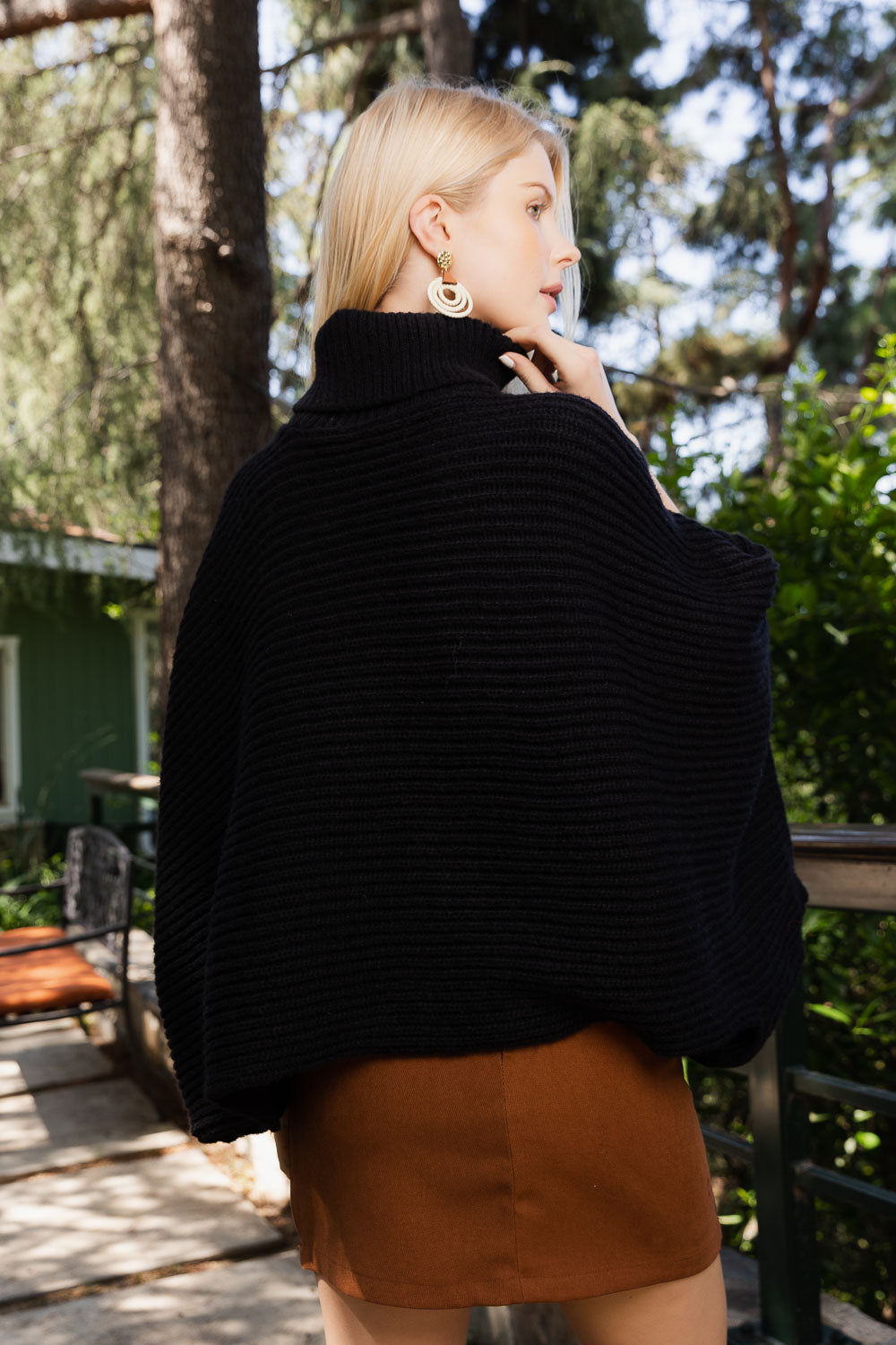 SnugStyle Turtleneck Ribbed Knit Poncho with Armholes-Soul Flow Apparel