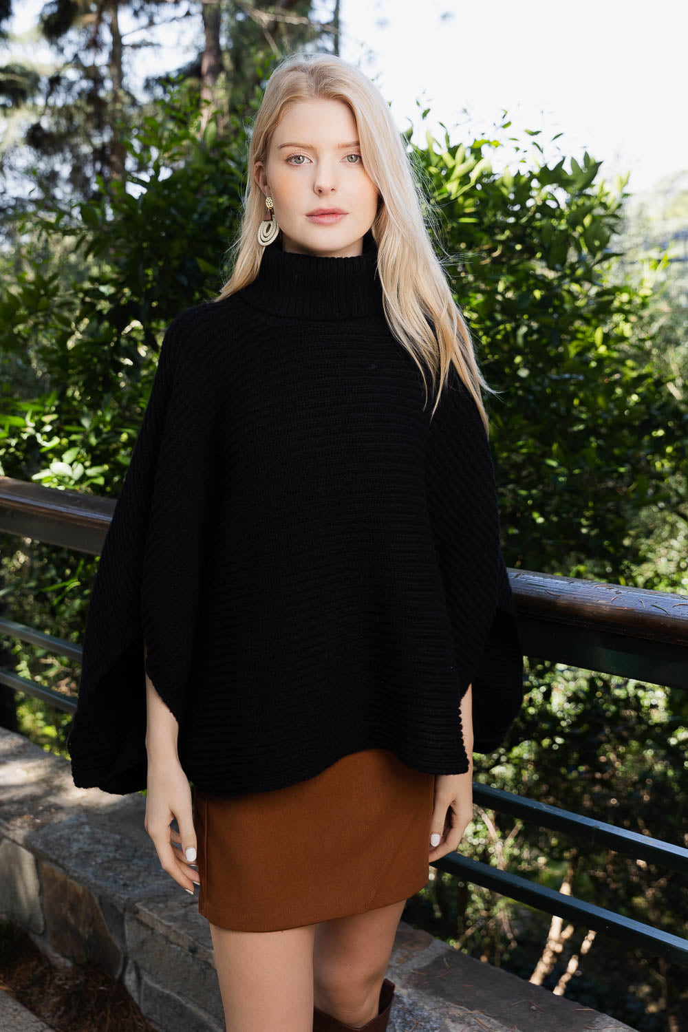 SnugStyle Turtleneck Ribbed Knit Poncho with Armholes-Soul Flow Apparel