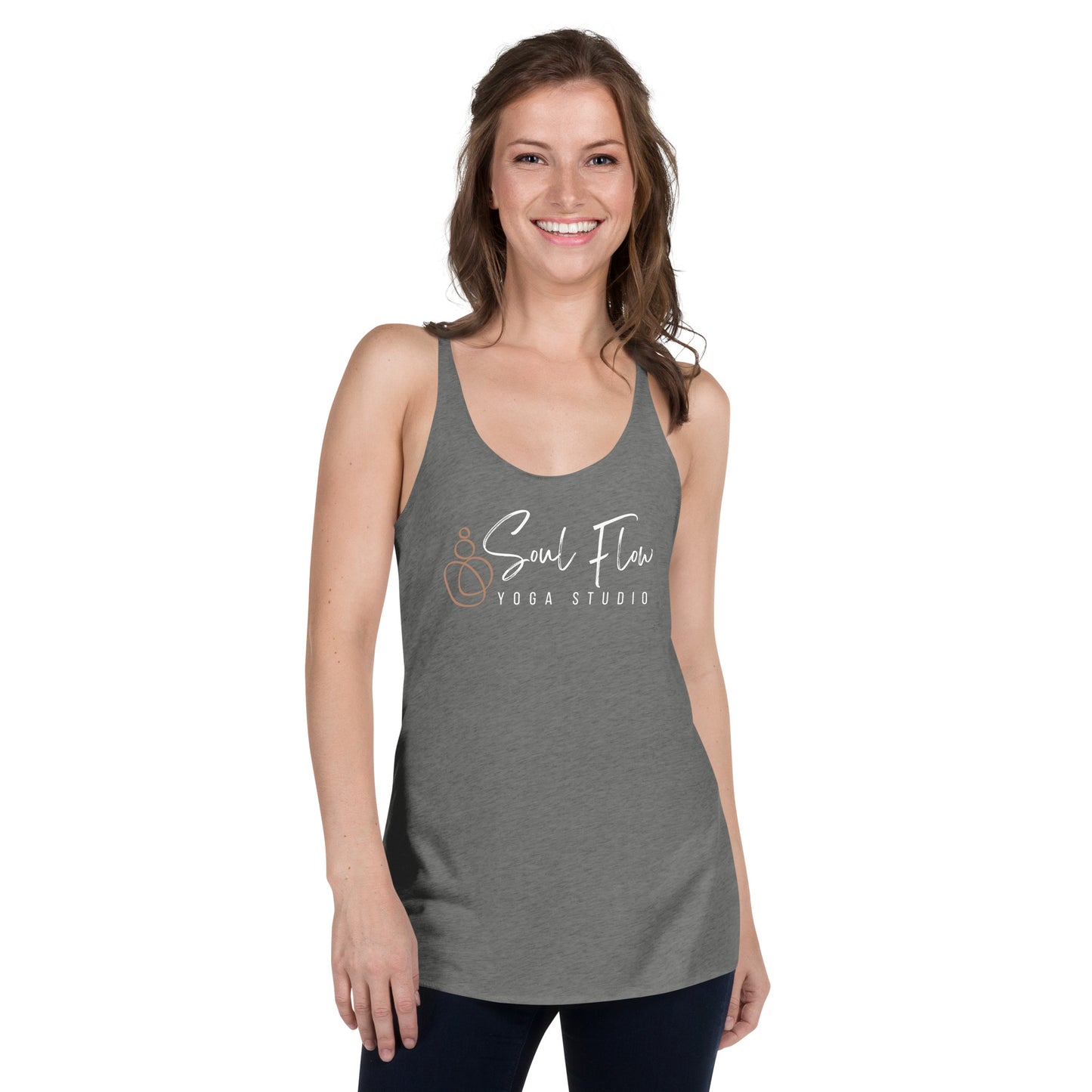 Smiling woman wearing gray Soul Flow Yoga Studio scoop neck racerback tank top Yoga Tank, Yoga Shirt, Yoga Apparel