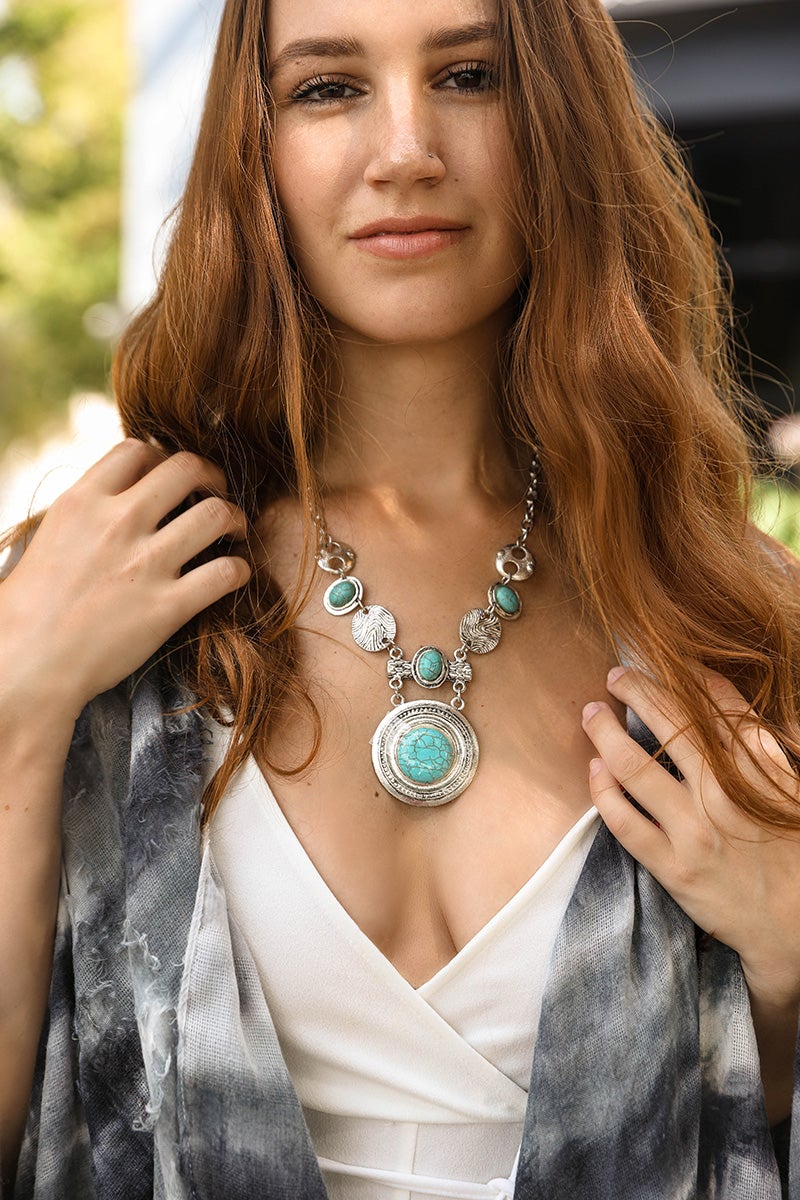 Leto Collection model wearing turquoise statement pendant and silver beads Boho Necklace, Boho Chic Jewelry, Spiritual