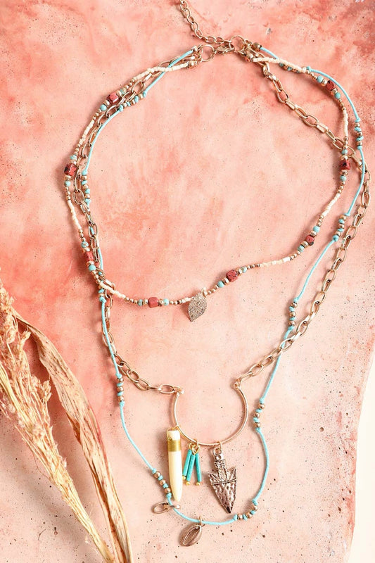 Leto Collection layered Boho Necklace, Boho Chic Jewelry, Spiritual turquoise cord and gold chain with beaded charms