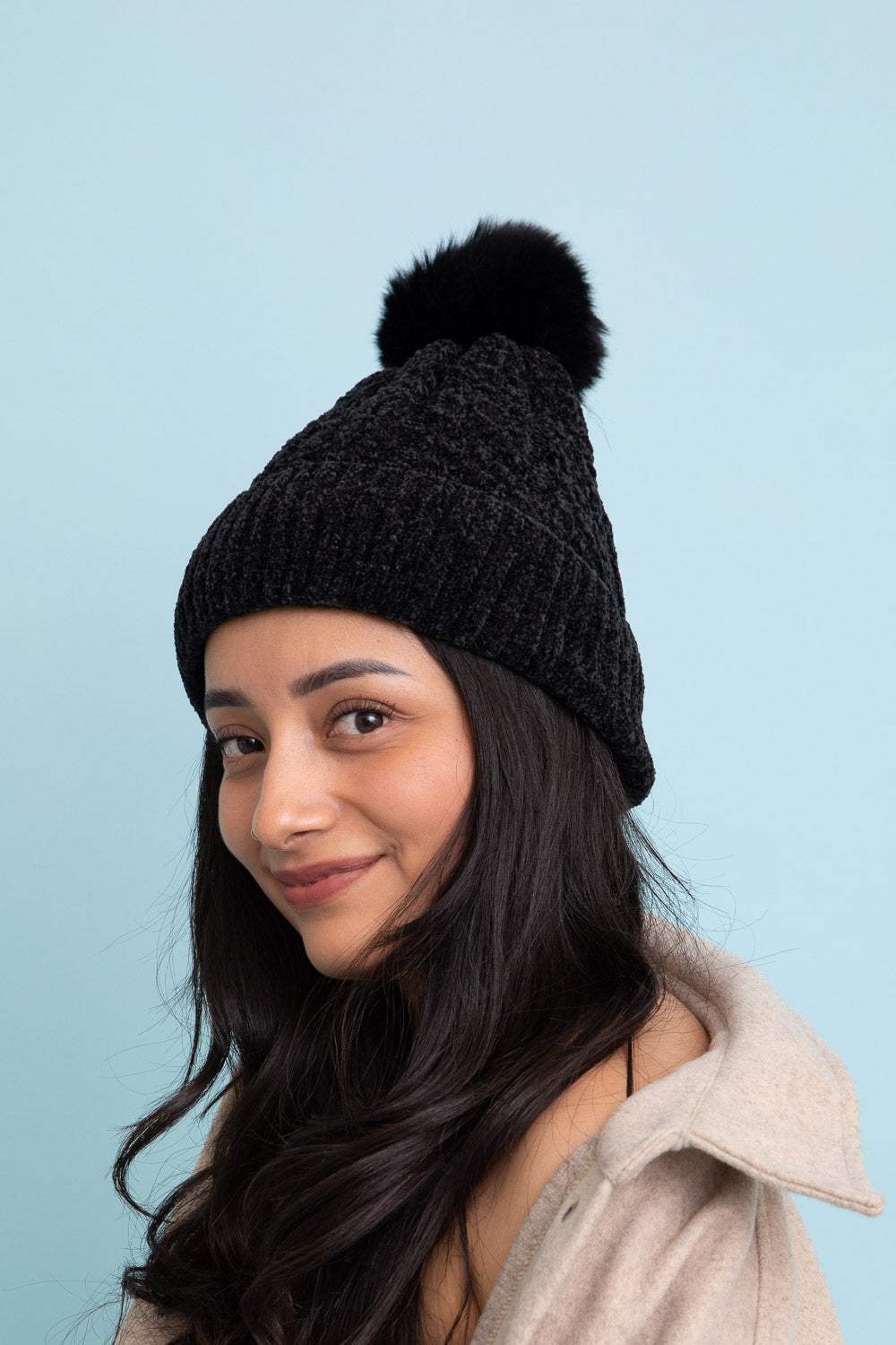 Velvet Cable Knit Pom Beanie-Soul Flow Apparel