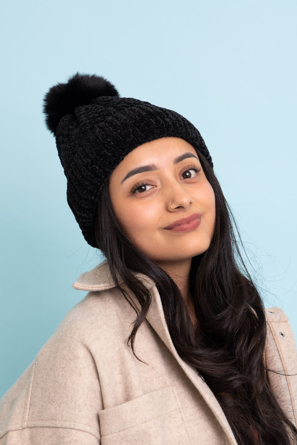 Velvet Cable Knit Pom Beanie-Soul Flow Apparel