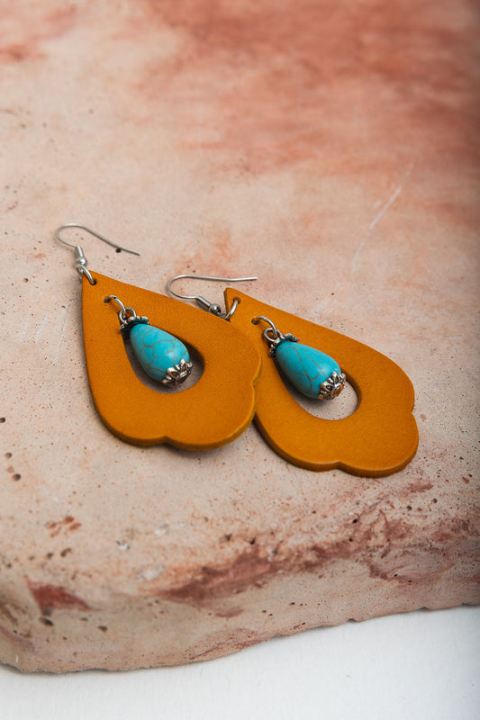Western Leather Cutout Earrings w/ Turquoise Stone-Soul Flow Apparel