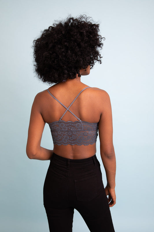Leto Collection wide lace bandeau with straps in blue, perfect for layering and stylish comfort