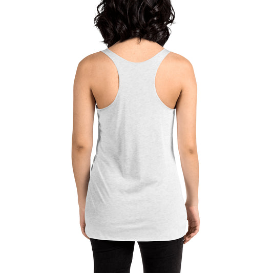 Soul Flow Yoga Store womens light gray racerback Yoga Tank, Yoga Shirt, Yoga Apparel back view on model in black leggings