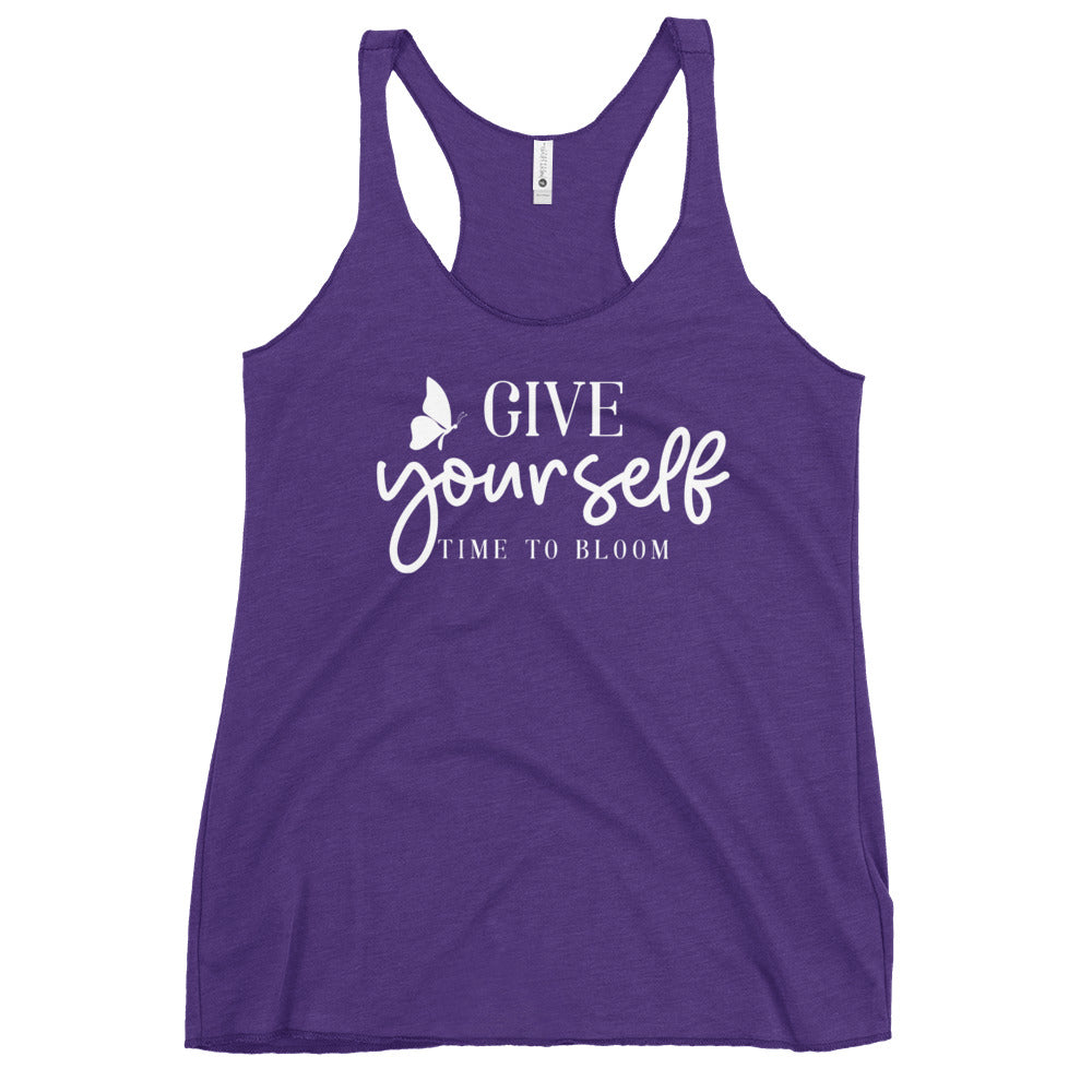 Purple racerback tank with white Give yourself time to bloom script and butterfly print Yoga Tank, Yoga Shirt, Yoga Apparel