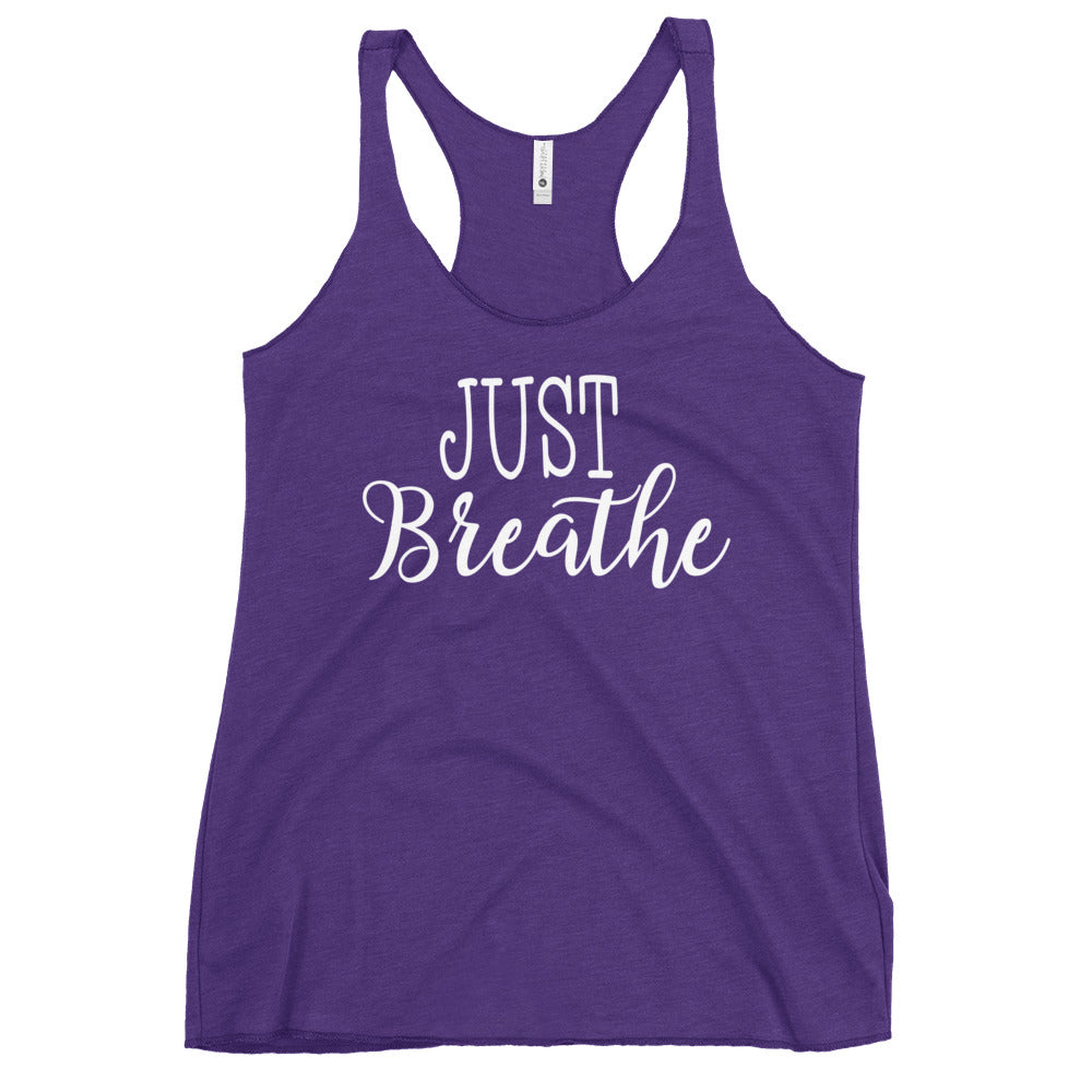 Purple racerback tank top with white Just Breathe script print for meditation and fitness Yoga Tank, Yoga Shirt, Yoga Apparel