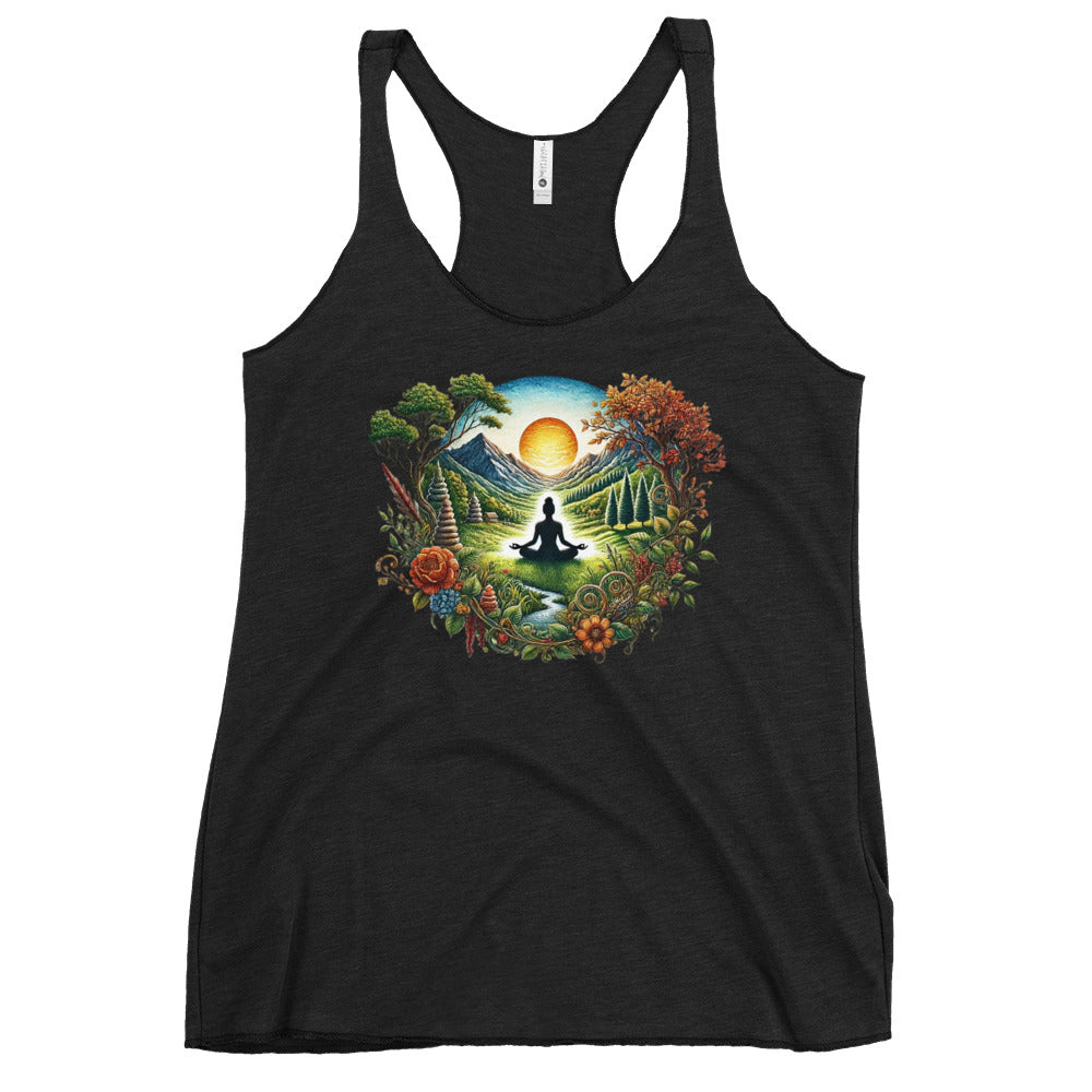 Black racerback tank with sunrise meditation nature print and floral wreath design Yoga Tank, Yoga Shirt, Yoga Apparel