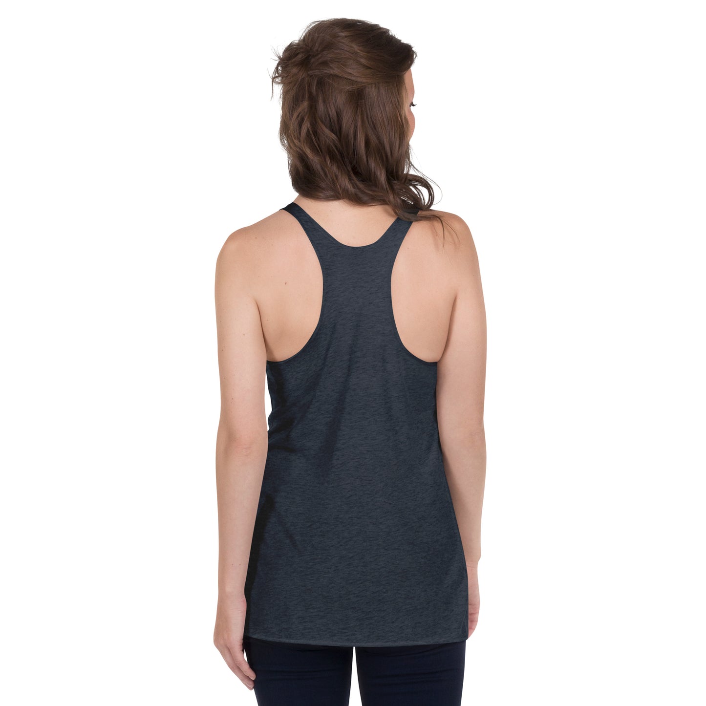 Back view of woman in charcoal racerback tank top for practice Yoga Tank, Yoga Shirt, Yoga Apparel by Soul Flow Yoga Store