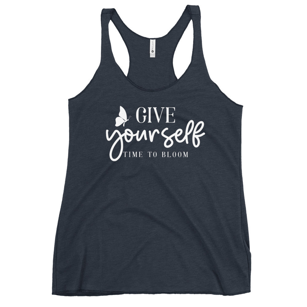 Navy racerback tank with white Give Yourself Time to Bloom script and butterfly Yoga Tank, Yoga Shirt, Yoga Apparel