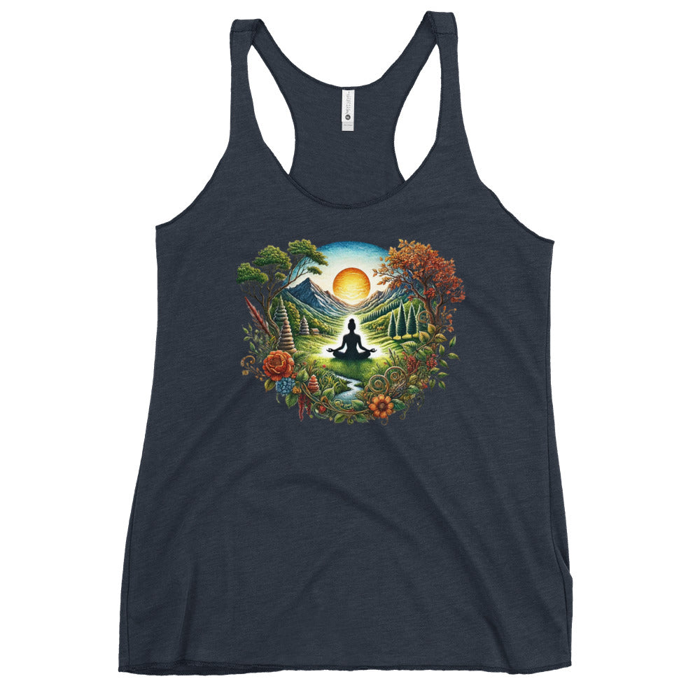 Dark navy racerback tank with meditating silhouette and sunrise floral scene Yoga Tank, Yoga Shirt, Yoga Apparel.
