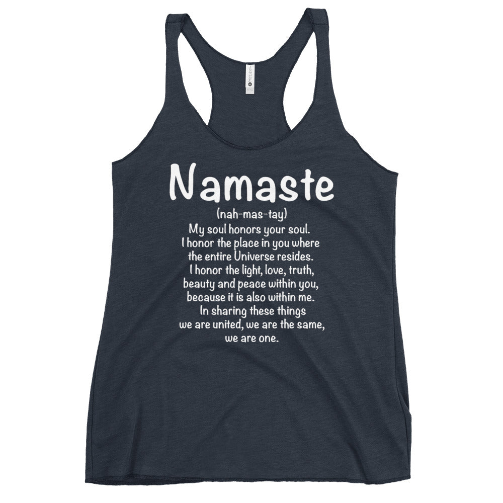 Soul Flow Yoga Store navy Namaste racerback tank with printed mantra text Yoga Tank, Yoga Shirt, Yoga Apparel
