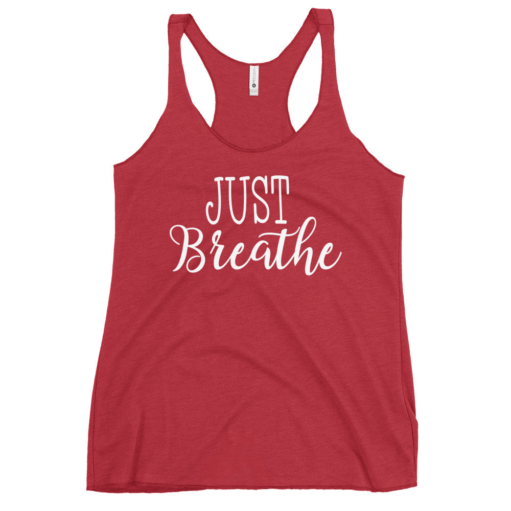 Red racerback tank with white Just Breathe script print, Soul Flow Yoga Store Yoga Tank, Yoga Shirt, Yoga Apparel