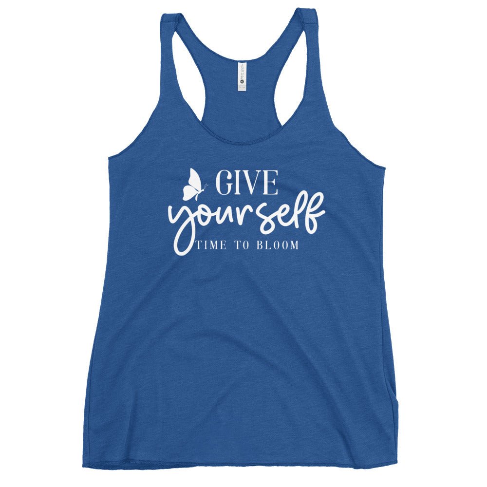 Blue racerback tank with white Give Yourself time to bloom script and butterfly Yoga Tank, Yoga Shirt, Yoga Apparel