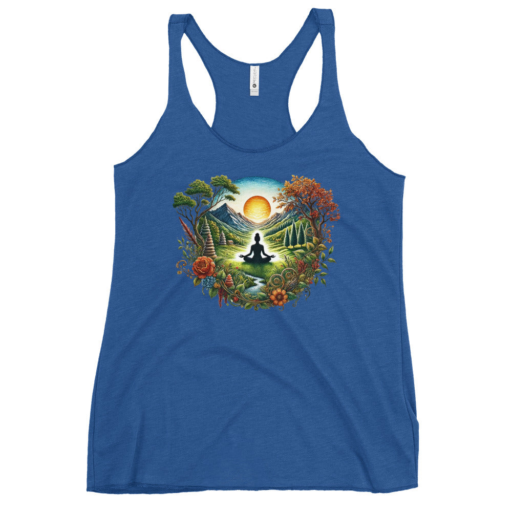 Soul Flow Yoga Store blue racerback tank with sunrise meditation nature print, Yoga Tank, Yoga Shirt, Yoga Apparel