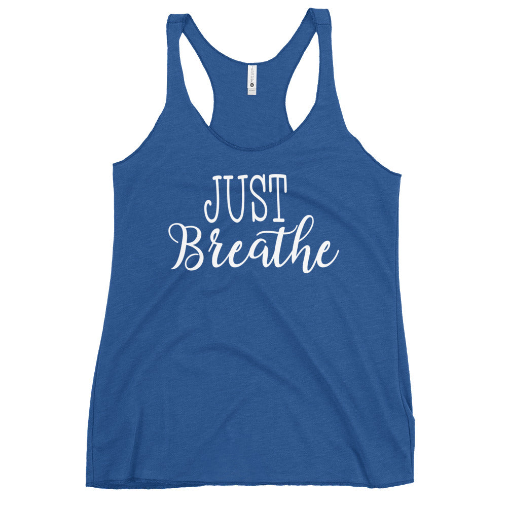 Blue racerback tank with white Just Breathe print lightweight women yoga top Yoga Tank, Yoga Shirt, Yoga Apparel