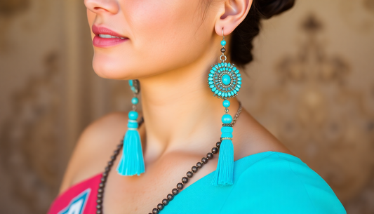 Mexican woman wearing turquoise tassel earrings