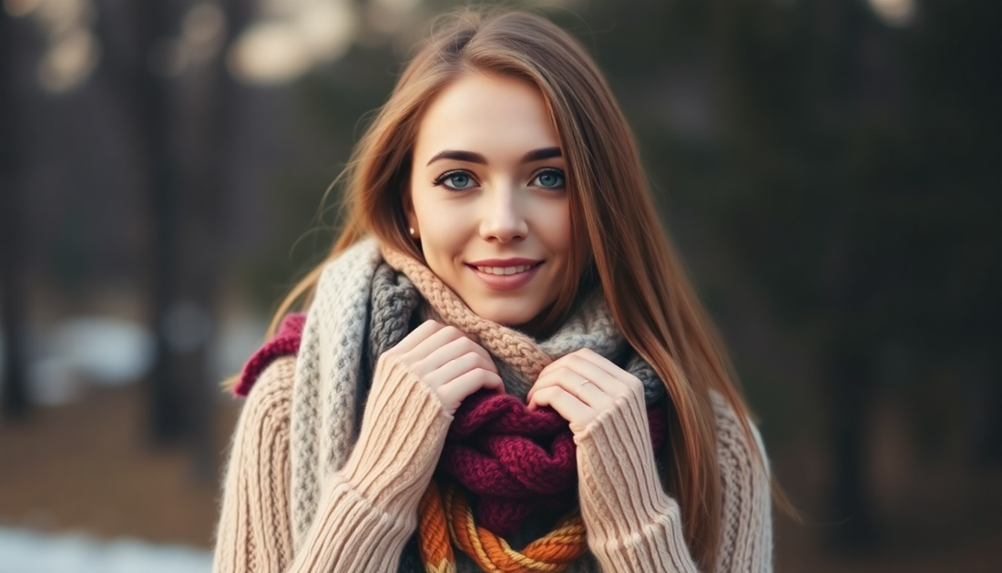 Woman wearing a warm scarf in boho fashion