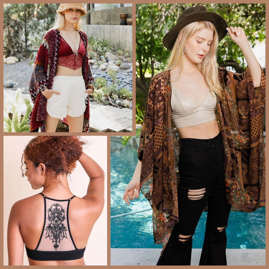 Boho fashion clothing featuring stylish bralettes, kimonos, and accessories for an elegant, feminine look