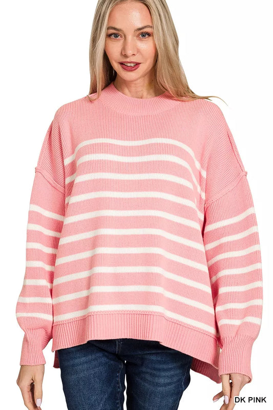 Pink striped oversized sweater for women with a relaxed fit and drop shoulders