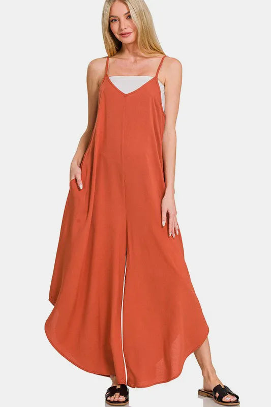 Zenana Spaghetti Strap Wide Leg Overalls with Pockets-Soul Flow Apparel