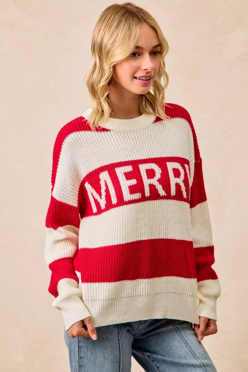 Merry Christmas sweater for women in red and white with a cozy knitted design