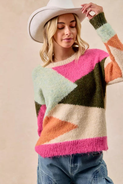 Trendsi Boho Color Block Sweater in pastel colors, perfect for a trendy casual look