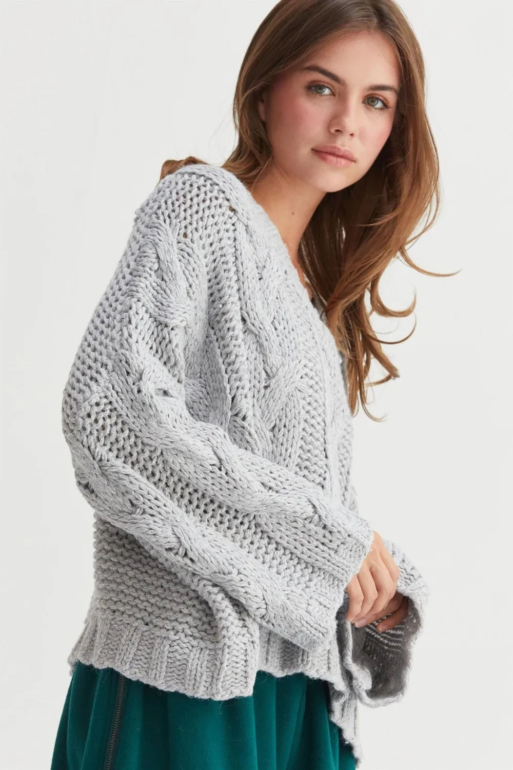 Trendsi boho cable knit v-neck sweater in light gray with a relaxed fit and cozy texture