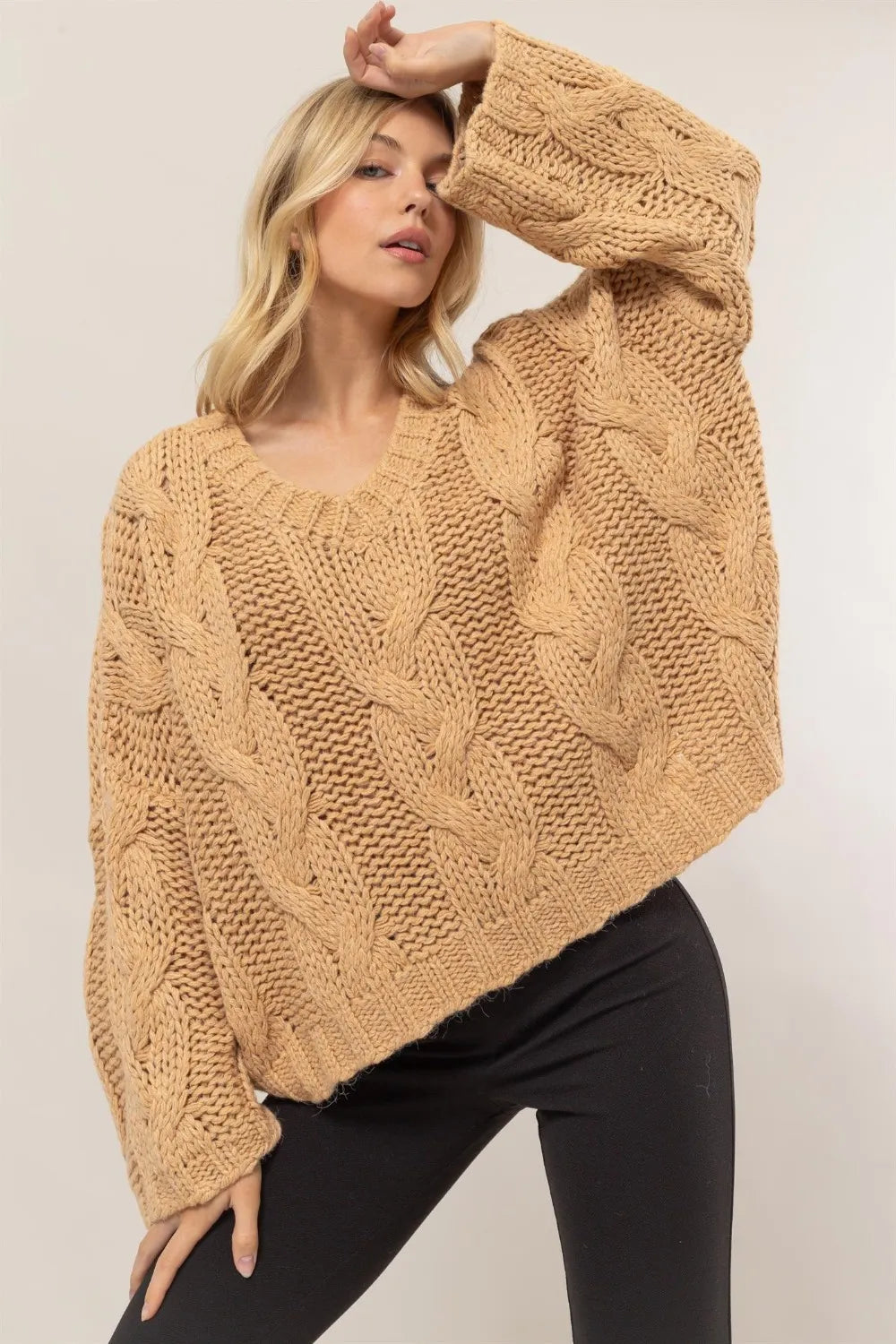 Trendsi Boho Cable Knit Sweater in Light Beige with Chunky Cable Design and Relaxed Fit