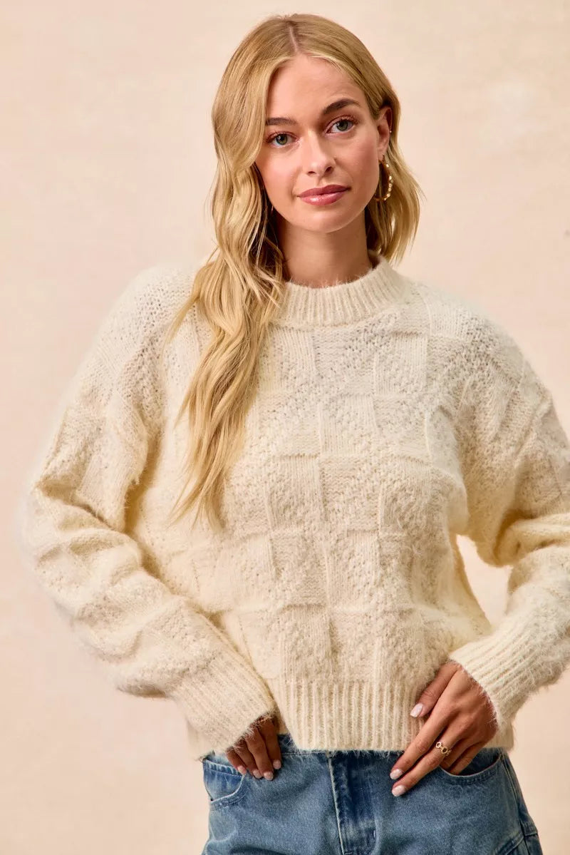 Trendsi Checker Board Drop Shoulder Sweater in Cream with Textured Pattern for Stylish Layering