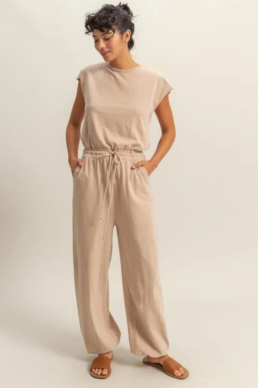 HYFVE Back Keyhole Round Neck Cap Sleeve Drawstring Jumpsuit-Soul Flow Apparel