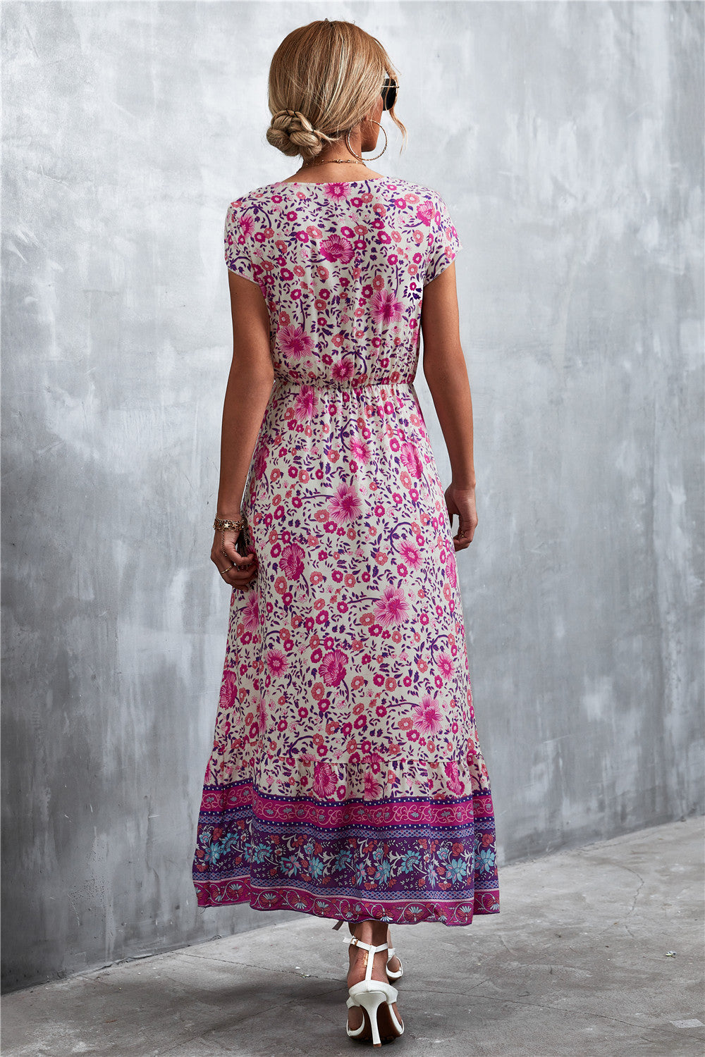 V-Neck Short Sleeve Printed Maxi Dress-Soul Flow Apparel