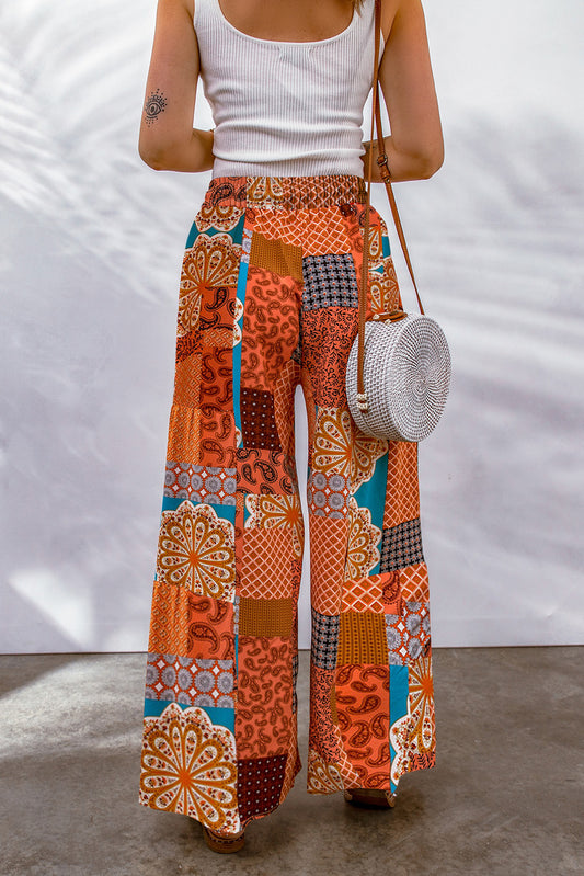 Bohemian Patchwork Drawstring Wide Leg Pants-Soul Flow Apparel