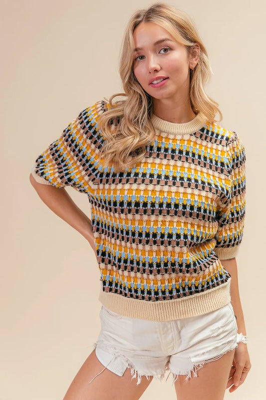 Trendsi Boho Multi Color Sweater with Short Sleeves and Vibrant Pattern for a Stylish Look