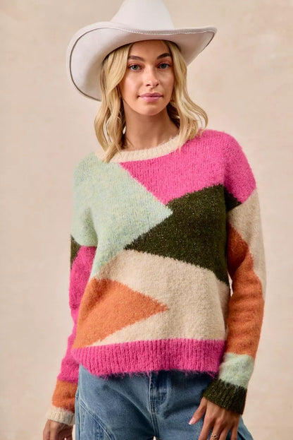 Trendsi Boho Color Block Sweater in vibrant hues with a cozy, soft texture for casual style