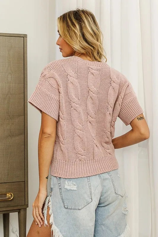 Trendsi cable knit sweater top in soft pink with short sleeves and a cozy design