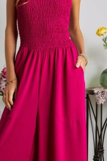Trendsi boho wide leg jumpsuit in vibrant fuchsia with a smocked bodice and side pockets