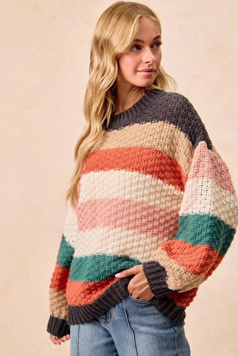 Trendy boho color block sweater in soft hues with a relaxed fit for casual outfits